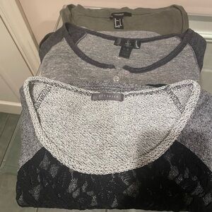 3 bundled knit tops, 2 Gray and Black , 1 army green